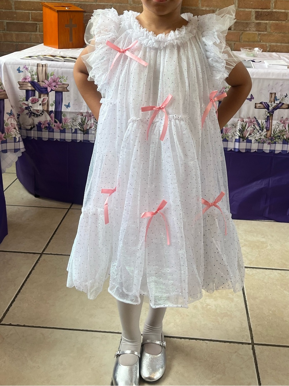 Lola + The Boys White Tulle Dress with Pink Ribbon Bows